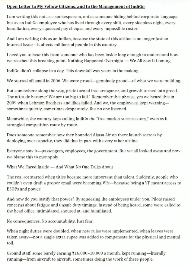 IndiGo Employee - Viral Letter